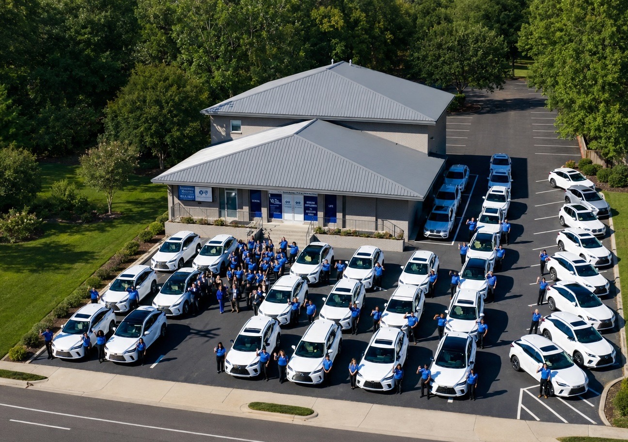Aerial view of the Insurance Masters headquarters in North Augusta, South Carolina, with the team and company cars